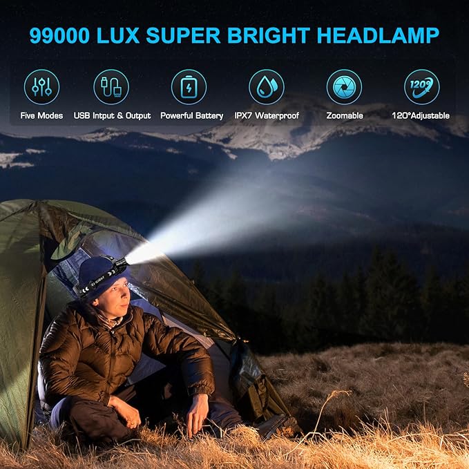 Sinvimes 99000 High Lux LED Rechargeable Headlamp, 95H Long Battery Life Head Lamp with 5 Modes & IPX7 Waterproof & Zoomable, 120° Adjustable Head Light for Adults, Outdoor, Camping, Hardhat