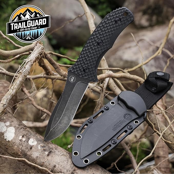 Off-Grid Gear TRAILGUARD Camping & Tactical Fixed Blade Knife, Stainless Steel Blade, Grippy FRN Scales, Sheath, Built For Campers, Preppers, Hunters, Fishermen, Survivalists, Handymen, Boaters, Bug Out Bag (Blackout)