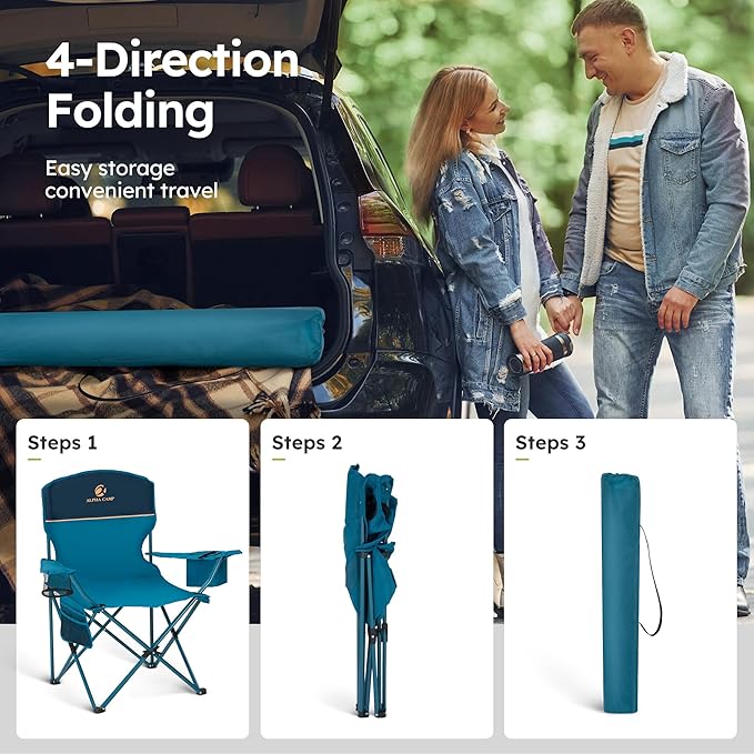 ALPHA CAMP Camping Chairs 350LBS Capacity, Heavy Duty Folding Chair with 4-Can Cooler Bag, Portable Outdoor Chair with Cup Holder for Adults, Collapsible for Tailgating, Beach, Fishing,Black,2PC