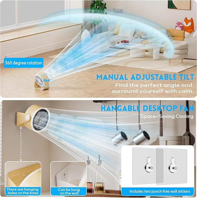 Small Desk Fan Battery Powered - Cordless Low Noise Quiet Portable Gentle Blowing without Headaches Office Bedroom Sleep Living Room Table Top Wall Hanging Kitchen Travel Camping 5-Speed 360 Rotation
