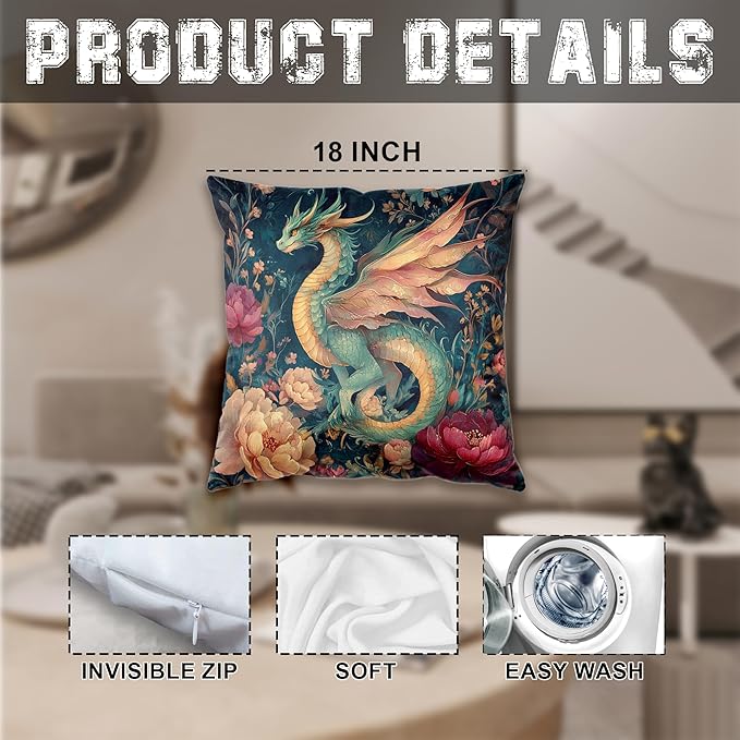Fantasy Floral Dragon Pillow Cover 18x18, Dragon Nursery Room Decor, Whimsical Magical Fairytale Creature Animal Decorative Throw Pillow Cover for Home Bedroom Living Room Sofa Couch