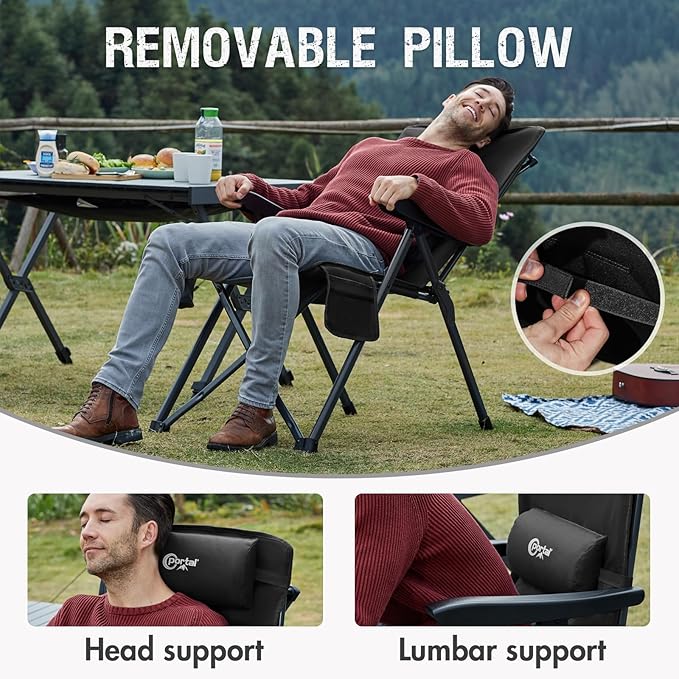 Portal Reclining Camping Chair with Adjustable Back Folding Camp Recliner for Adults Portable High Back Oversized, 350LBS (Black)