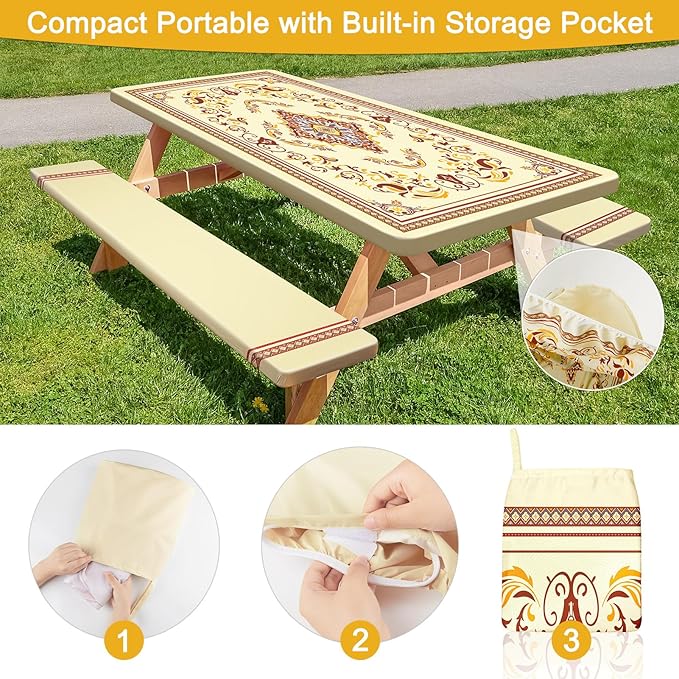 Picnic Table Cover with Bench Covers Portable Table Cloth Built-in Storage Pocket Fitted Tablecloth with Elastic Edges Waterproof Camping Essentials for Indoor Outdoor Rv,72in,Brown