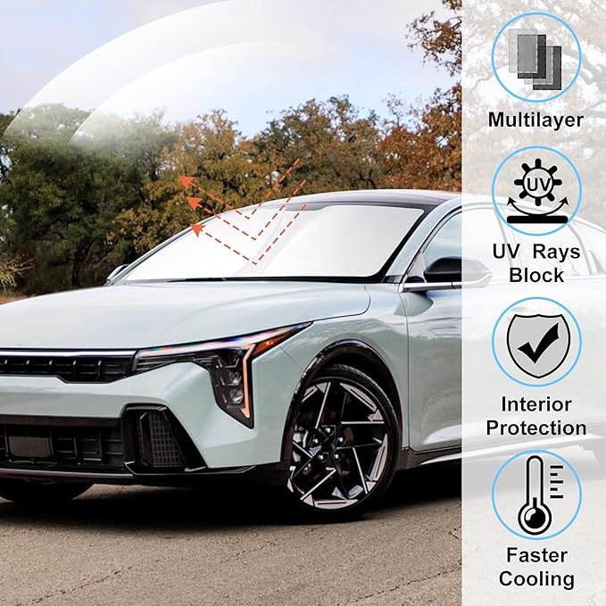 Windshield Sun Shade Custom Fit 2025 2026 Kia K4 Accessories Foldable Sunshade Front Window Shades Covers Protect Car from Sun Rays & Heat Damage Keep Car Cooler