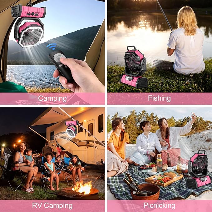 Odoland 30000mAh Camping Fan with LED Lantern, Rechargeable Battery Operated Oscillating with Remote Hook, Portable Tent Fan with Timer, 4 Speeds for Outdoor RV Jobsite Power Outage, Pink