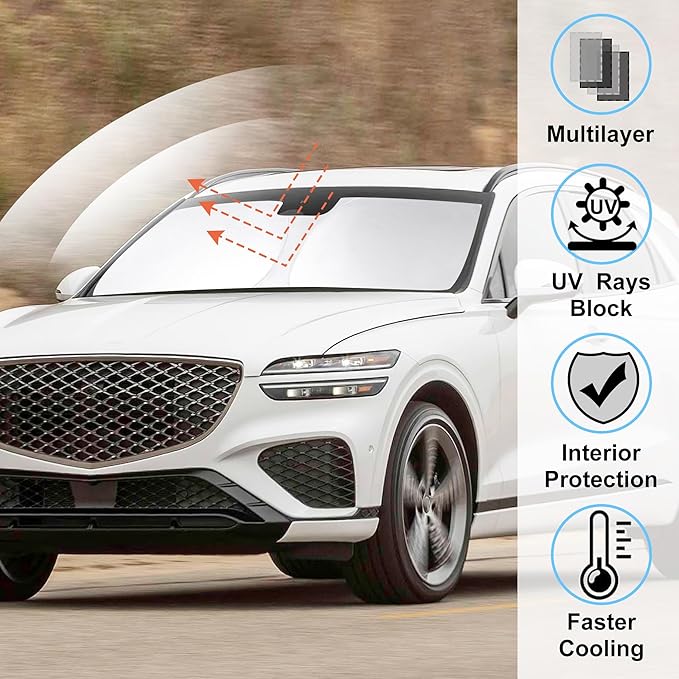 Windshield Sun Shade Custom Fit 2022 2023 2024 2025 2026 Genesis GV70 Accessories Foldable Sunshade Sun Blocker Front Window Shades Covers Keeps Car Cooler
