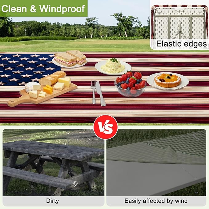 Picnic Table Cover with Bench Covers Portable Table Cloth Built-in Storage Pocket Fitted Tablecloth with Elastic Edges Waterproof Camping Essentials for Indoor Outdoor Rv,72in, American Flag