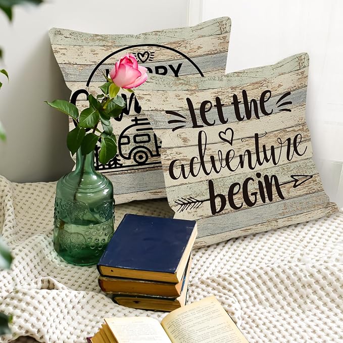 Camping-Themed Decorative Throw Pillow Covers, 2 x 18" x 18" Beige Cotton Linen Blend, Rustic Letter Print, Perfect for Home Decor, Camping, Camper Gifts