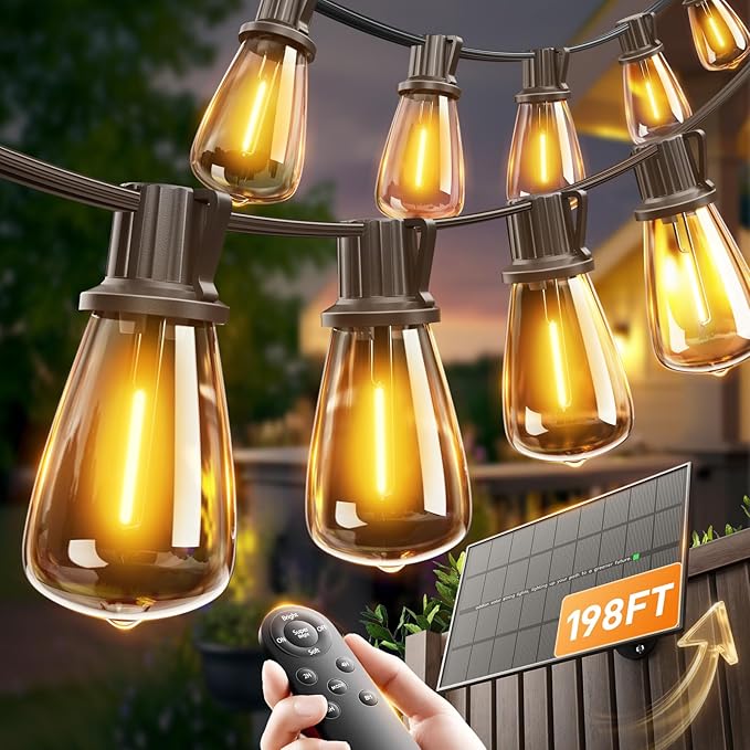 addlon 198FT(192+6) Solar String Lights Outdoor with Remote, Long-Lasting Waterproof Patio Lights, Dimmable & Timable Hanging Solar Light with 60 LED Bulbs for Outside, Yard, Garden, Camping, Gazebo