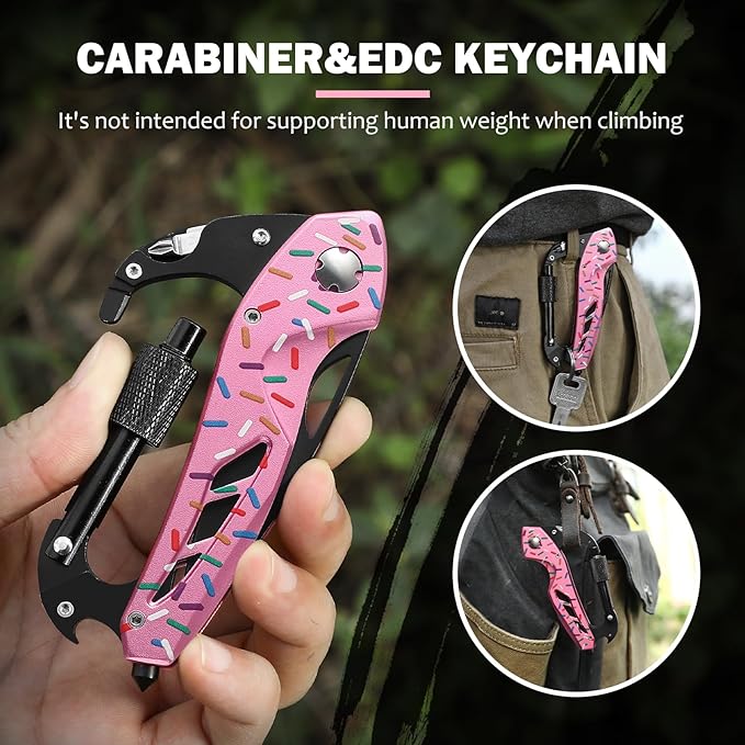 Donut Multitool Carabiner Knife Gifts for Women Men,Survival Gear for Camping Hiking，EDC Carabiners, 6-in-1 Multi Tools with Window Breaker, Bottle Opener and Screwdriver,Gifts for Women Men （Donut）