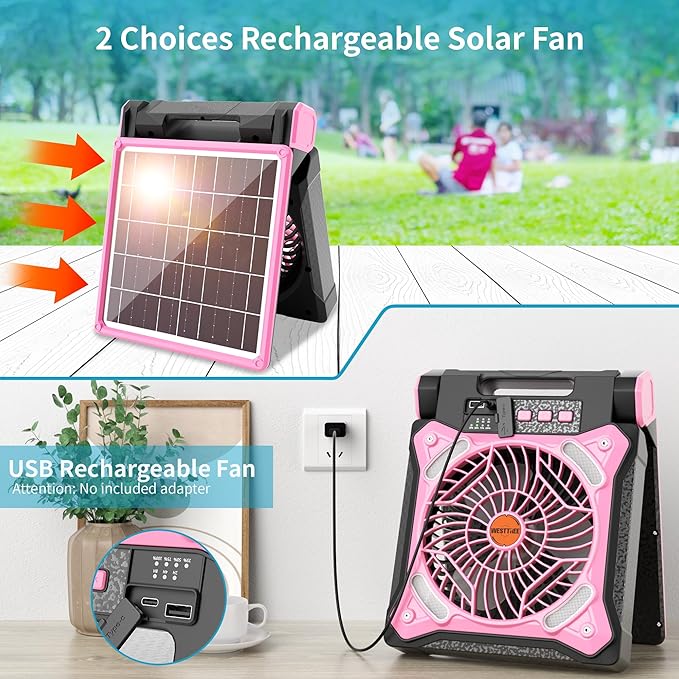 WESTTREE Solar Fan Battery Powered Rechargeable Solar Camping Fan with Led Lantern & Power Bank Foldable Angle USB Personal Fans for Travel Outdoor Camping Tents X98 Pink