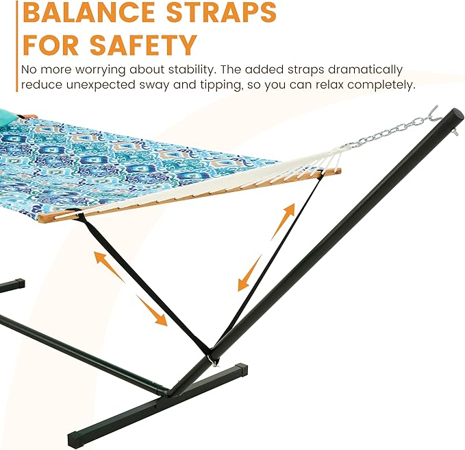 Lazy Daze Hammocks 2 Person Hammock with 12FT Stand for Outside, Quilted Double Hammock with Detachable Pillow, Balance Strap & Carrying Bag Included, 450lbs Capacity, Tool-Free Assembly, Floral Auqa