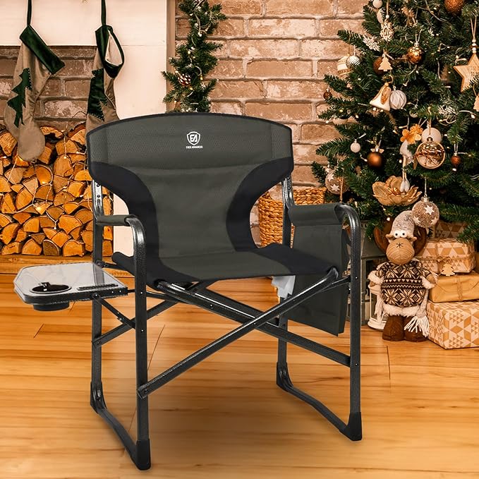 EVER ADVANCED Aluminum Lightweight Folding Director Chair, 350lbs Heavy Duty Camping Chair with Side Table & Storage, 19" Joint-Friendly Height Easy to Stand, Portable Makeup Artist & Vendor Chair