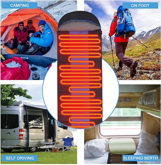 Longzhuo Heated Sleeping Bags for Adults Kids - Portable USB Power Warm Sleeping Bag for Camping with 4 Heating Zones, Cold Weather Sleeping Bag for All Season Camping Hiking Backpacking