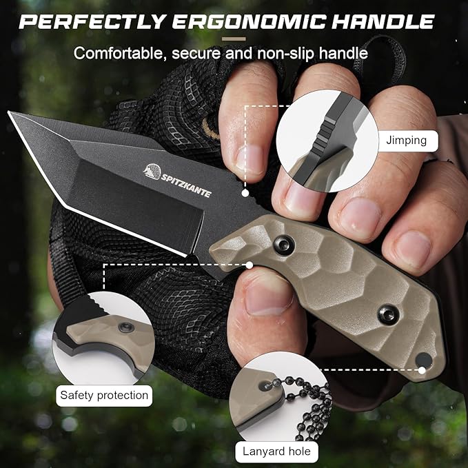 Neck Knife with Sheath and Necklace X-TAN-K, Horizontal Carry Knife with Full Tang Tanto 5Cr14MoV Steel Blade, Khaki ABS Handle, EDC, Outdoor, Camping & Hiking