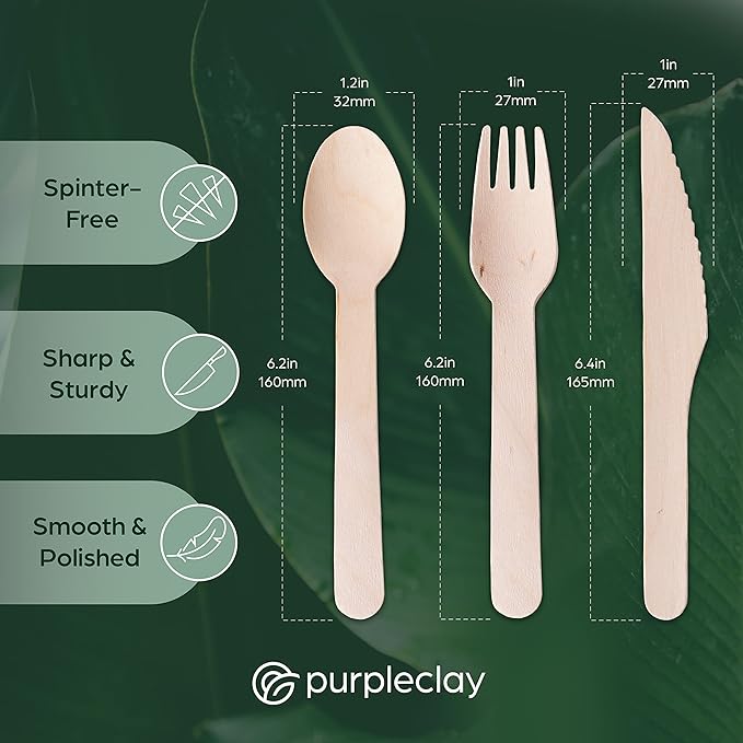PURPLECLAY Wooden Disposable Utensils Set, 360 PCS Compostable Silverware (120 Forks, 120 Spoons, 120 Knives) Eco Friendly, Plastic-Free Cutlery for Parties & Catering, Alternative to Bamboo Utensils