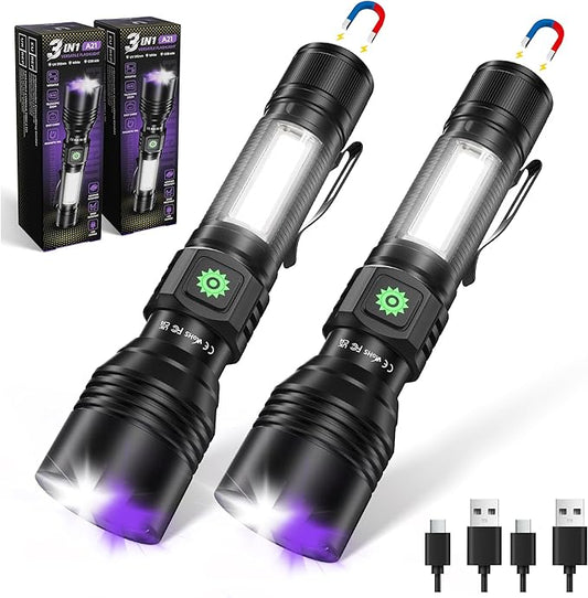 DARKDAWN 3 in1 Super Bright Flashlight & UV Flashlight 395nm, High Lumens USB Rechargeable LED Flashlights,Handheld Portable Flash Lights for Camping, Outdoor Adventure, Pet Urine Stains (2pack)