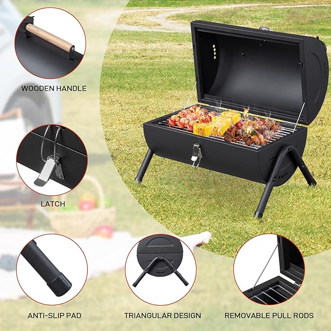 Outvita Portable Charcoal Grill, Tabletop Multi-functional Barbecue Smoker, Small BBQ Grill for Outdoor Cooking Camping Hiking Picnic Garden Beach Party
