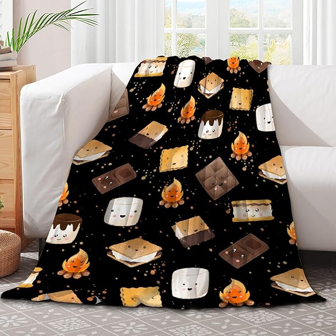 Cute S'Mores Blanket | Ultra Soft Marshmallow Cookie Throw Blanket Gifts for Boys Girls | Roasted Marshmallows Blanket Decor for Couch/Sofa/Travel/Camping All Seasons -50"x60"-Teens/Travel Size