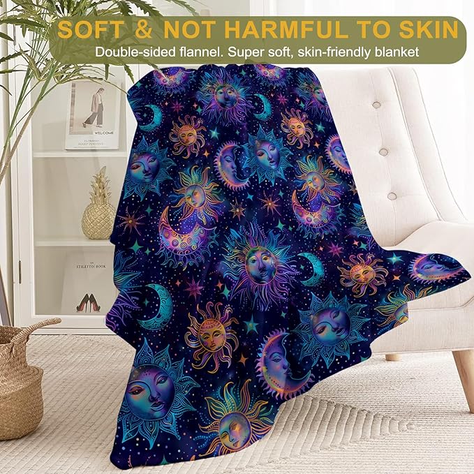 Sun and Moon Fleece Blanket - Lightweight Soft Cozy Gifts Throw for Fantasy Lovers,Women,Men,Celestial Cosmic Star Blankets,Home Room Modern Artistic Decor 50x60in