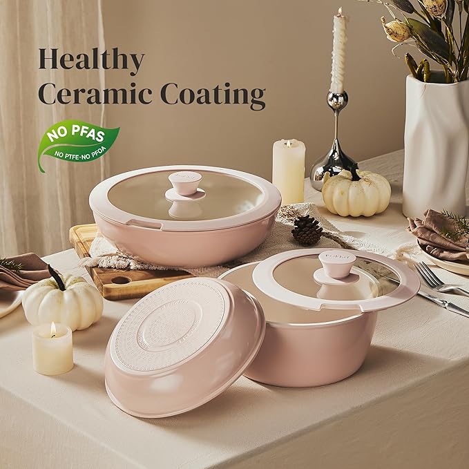 Redchef 16pcs Ceramic Pots and Pans Set Non Stick, Nonstick Kitchen Cookware Set with Detachable Handle, Non Toxic, PFAS PFOA & PTFE Free, RV Cookware Set for Camping, Dishwasher/Oven Safe (Pink)