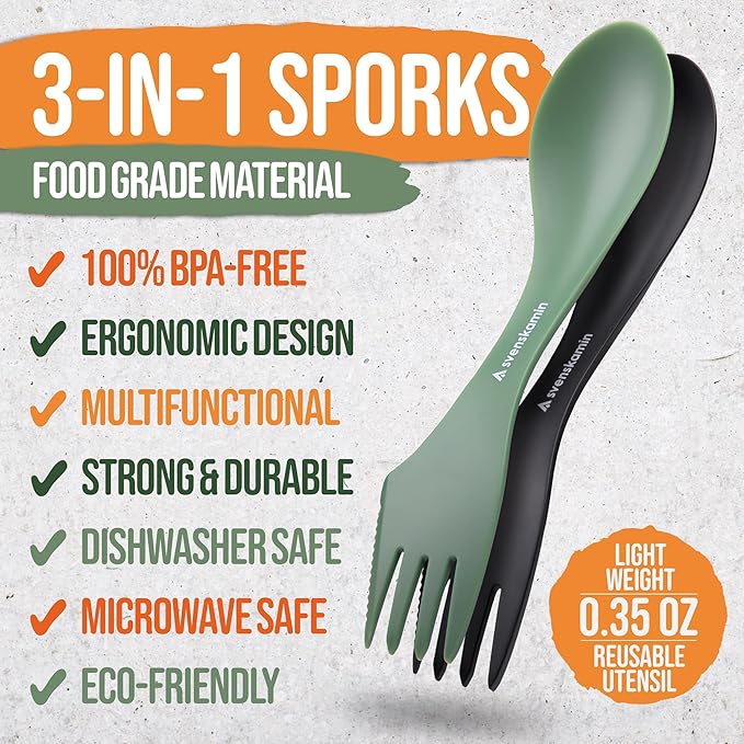 Reusable Camping Spork Set 2-Pack - 3-in-1 Travel Sporks, Lightweight Durable Utensils & Silverware for Tailgate, Outdoors, Hiking, Picnic, Lunch Box - Eco-Friendly Plastic Fork Spoon Knife Combo