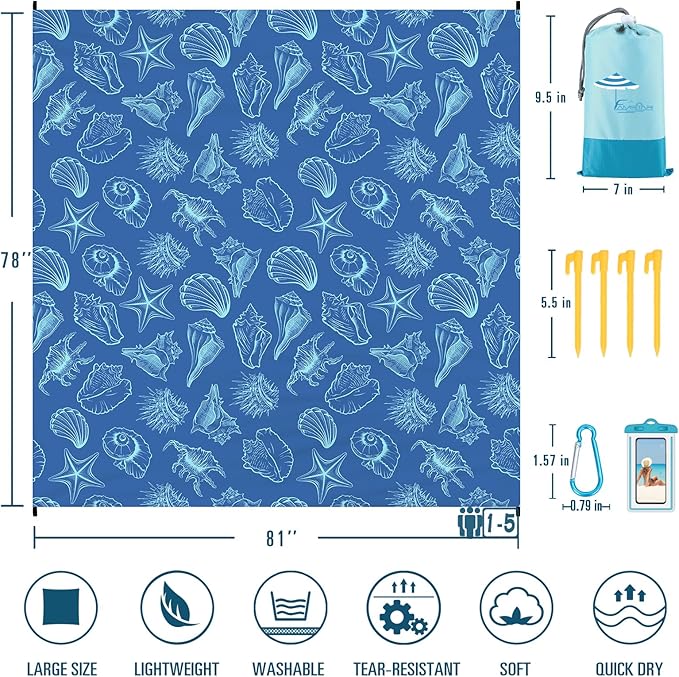 Famstar Beach Blanket Sandproof Waterproof 78''×81''1-5Adults Oversized,Compact Lightweight Durable Beach Mat for Travel Camping Hiking Picnic Blanket