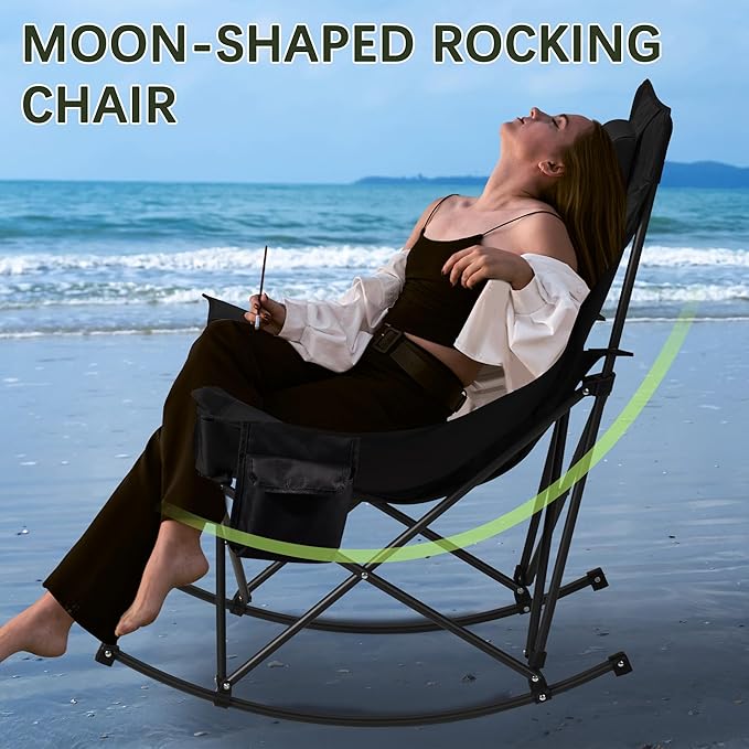 Unisakey Oversized Rocking Camping Chair with Headrest & Cup Holder - 400lbs Capacity, 600D Oxford Fabric, Easy Fold Portable Outdoor Rocker Chair for Camping, Backyard, Beach, Deep Gray