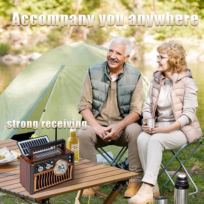 Portable AM FM Radios, Retro Radios with High-Powered Speakers, Support USB Power and Solar Panels Charging.Bluetooth TF Card (Coffee)