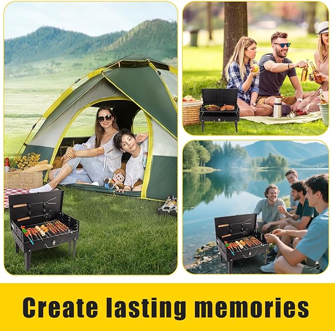 Portable Grill with Lid & Adjustable Vents - Foldable Charcoal BBQ for Camping & Picnics | Complete 4-Piece Dining Set Included for Ultimate Outdoor Cooking