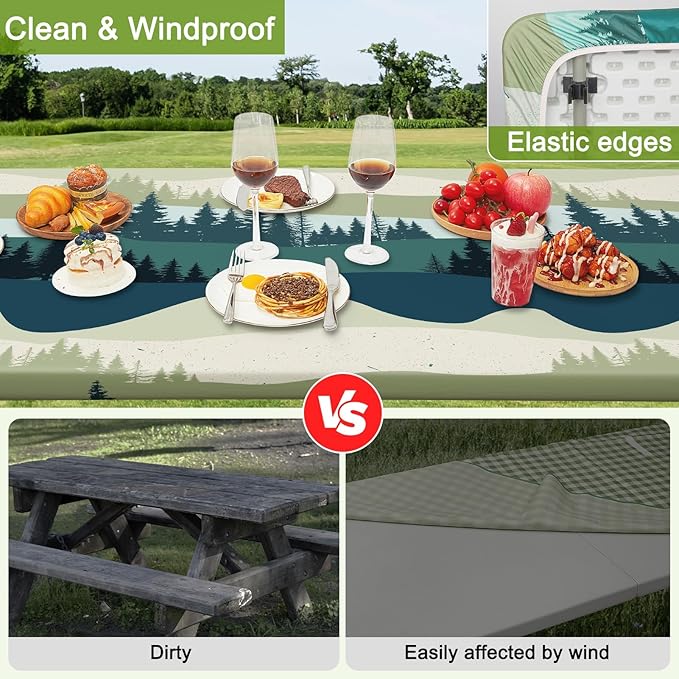 Picnic Table Cover with Bench Covers Portable Table Cloth Built-in Storage Pocket Fitted Tablecloth with Elastic Edges Waterproof Camping Essentials for Indoor Outdoor Rv,72in,Green Blue