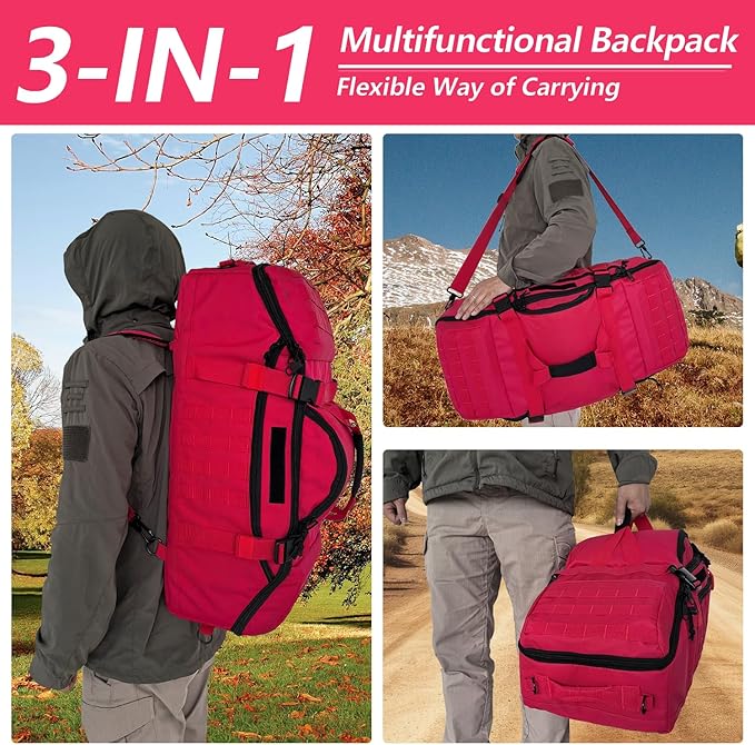 Hannibal Tactical 55L Large Duffle Bag, 3-in-1 Tactical Backpack MOLLE Pack for Sports, Gym, Outdoor, Red