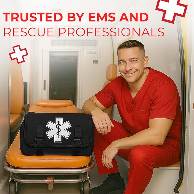 Fully Stocked Trauma Bag – Tactical First Responder Medical Kit with Tourniquet, Vented Chest Seals, Hemostatic Gauze, Trauma Shears, Bandages & Bleeding Control Supplies – Black