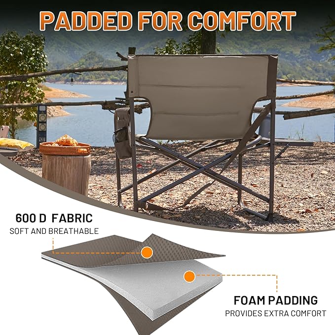 Timber Ridge XXL Director’s Chair – Heavy Duty Folding Camping Chair for Adults, 500lb Capacity, Extra Wide Padded Seat for Camping, Sports, Lawn, Courtyard, and Outdoor Use, Tan