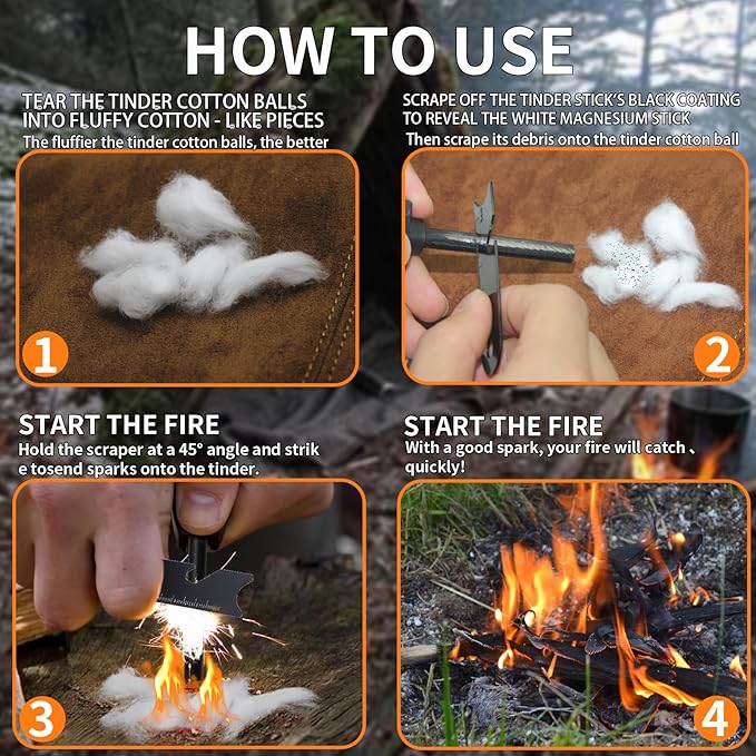 3PCS Magnesium Fire Starter with Striker, High Temp Magnesium Rod, Ferro Rod Fire Starter Survival Tool with 30Pack Waterproof Tinder and Steel Fire Striker for Camping, Hiking and Emergency