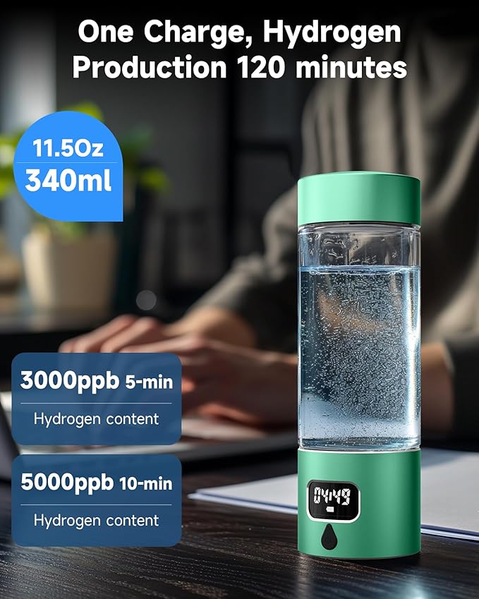 340ml Portable Hydrogen Water Bottle Generator with PEM-SPE Technology, Glass Exterior & Aluminum Shell, Produces 5000 ppb Hydrogen in 10 Minutes, for Home, Gym, Office & Travel