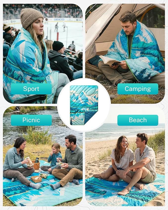 Gonex Camping Blanket with Aero-Warmth Breathable Layer - Puffy Printed Packable Blanket, Ultralight Wearable Water-Resistant Quilt, 79" X 55" for Camping, Beach, Hiking, Travel, Picnics (Iceberg)