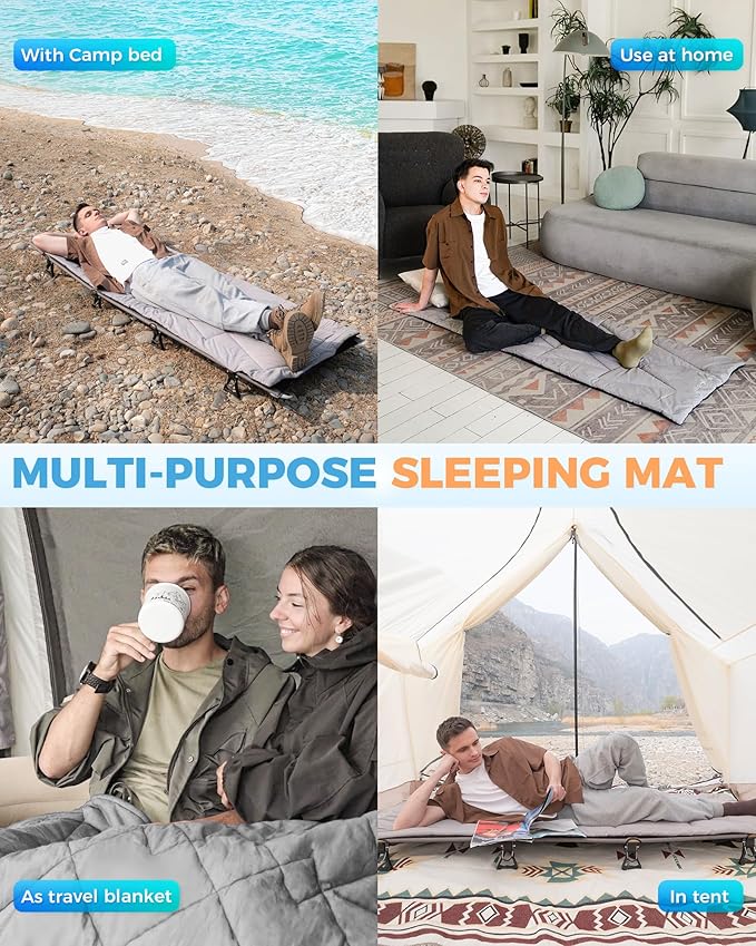 KingCamp Cot Pad for Camping, Comfortable Lightweight Mat, Puffy Soft Warm Non-Slip Cot Mattress Topper for Outdoor, Backpacking, 75"* 25", Grey