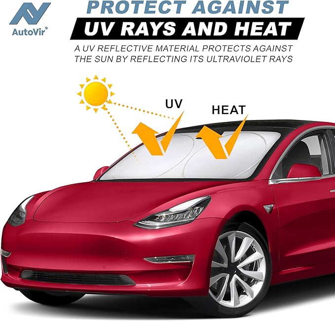 Tesla Windshield Sun Shade for Model 3 and Y - Size (56" x 36"), Premium 280T Reflective Sunshade, Heat Shield, UV Protection Foldable Front Window Sunshade with Storage Pouch Tesla Car Accessories