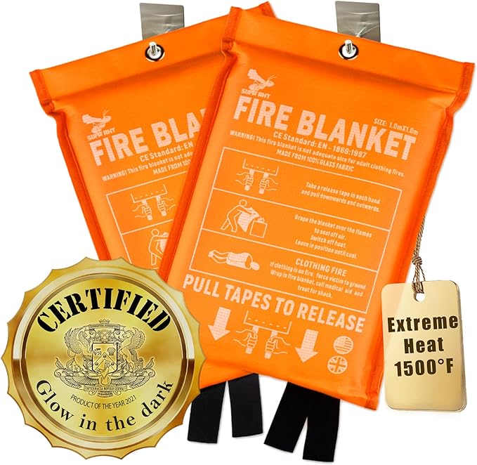 Fire Blanket -Certified 1500F Extra Thick, Glow In The Dark Fireproof Emergency Supplies. 500gsm, 0.5mm Thick Fire Blankets Emergency For Home. 2pc Silicone Emergency Blanket 40"x40" By Supa Ant