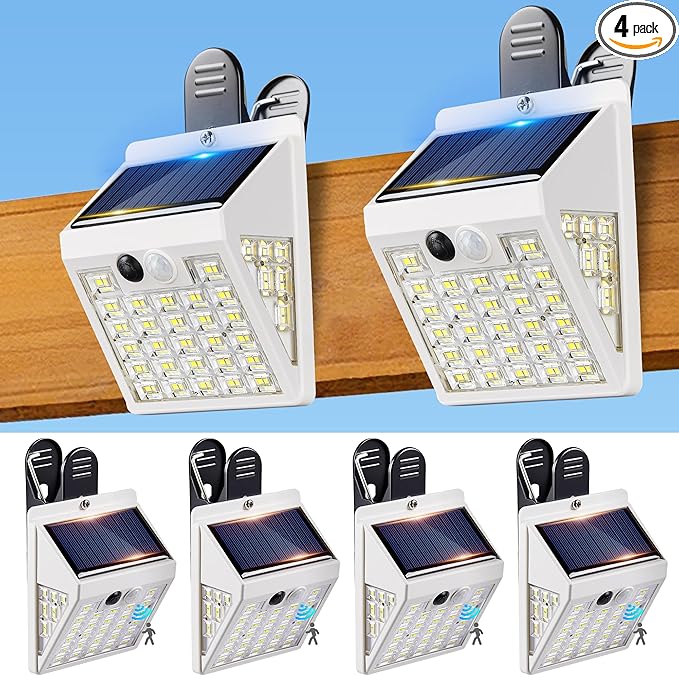 Clip On Solar Lights Outdoor,Motion Sensor Outdoor Lights, 72LEDs 600LM Clip on Solar Fence Lights Outdoor Waterproof LED,Solar Lights for Wall Fence,Deck, Gutter,Camping(4, White)