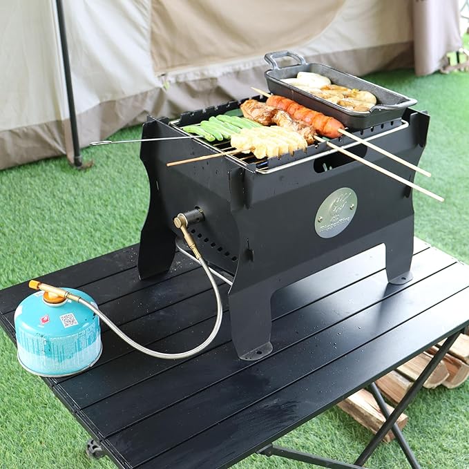 Camping Grill Fire Pit, 2 in 1 Portable Duel Fuel Charcoal or Gas Grill or Fire Pit, Detachable Steel Kabob Camp Grills Bonfire Stove with Hose for Outdoor Cooking BBQ for 13 Skewers