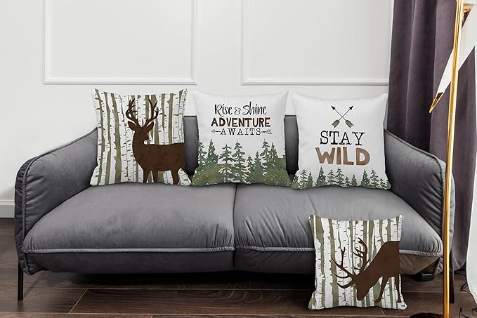 Cabin Decor Pillow Covers 18x18 Set of 4,Cabin Throw Pillows,Log Cabin Decor,Farmhouse Rustic Pillow Covers,Camping Pillow,Camping Decor,Nursery Decor for Boys,Throw Pillow Case