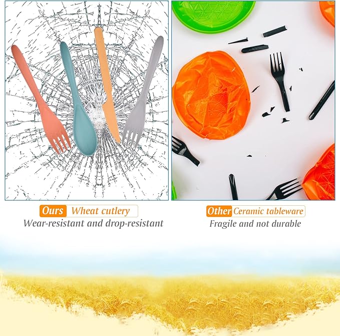 Knives Spoons and Forks Set, Wheat Straw Cutlery Set, Reusable Flatware Set for 4, Utensils for Party, Travel, Work, Picnic, Camping or Daily Use (Dark green, Orange, Yellow, Grey)