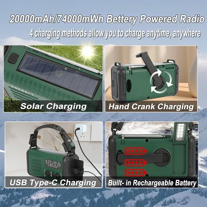 Emergency Hand Crank Radio, NOAA Weather Radio, 20000mAh Rechargeable Solar AM/FM Radio, Portable USB-C Fast Charger, Flashlight, Reading Lamp SOS Alarm for Hurricane Storm Camping Hiking (Green)