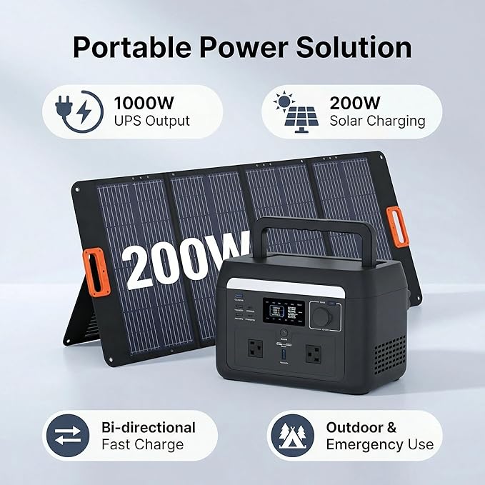 1000W Solar Generator Kit, 614.4Wh Power Station with 200W Foldable Solar Panel, Bidirectional Inverter, 1.5H Fast Charge, LiFePO4, WiFi/APP, <10ms EPS for Camping, RV