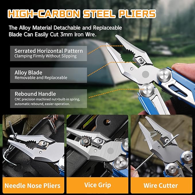 19 in 1 Multitool Pliers with Scissors, Stainless Steel Multi Tool with File,Saw, Screwdrivers,Wire Cutters, Bottle Opener for Survival, Camping, Hiking,Repair and Gift (Blue)