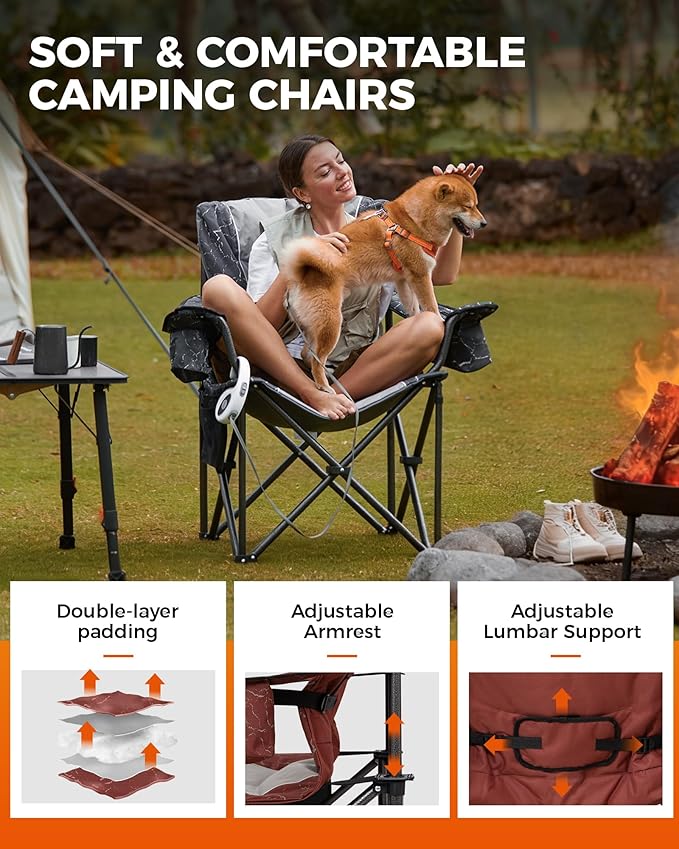 KingCamp Oversized Camping Folding Chair, Heavy Duty 450 LBS with Lumbar Support, Padded seat with Cup Holder&Cooler Bag, Ideal for Camp, Fishing, Sports Event, Backyard, Patio, Lawn