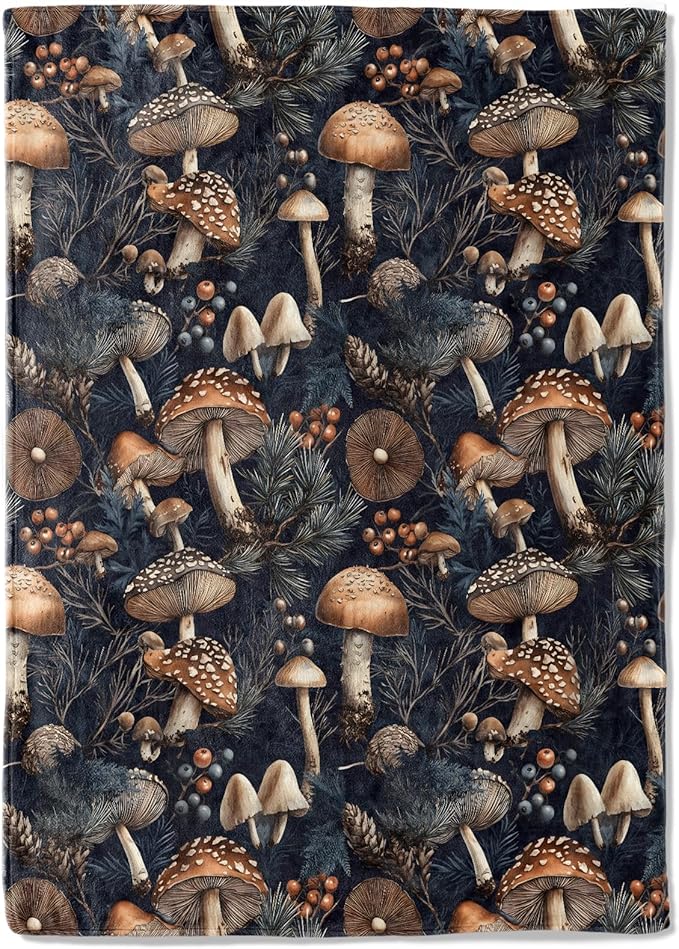 Vintage Mushroom Forest Fleece Blanket - 50x60in Woodland Retro Throw Blankets,Soft Cozy Lightweight, Ideal for Living Room Home Rustic Decor and Kids Women Girls Spring Gifts
