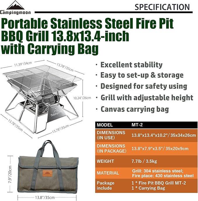 CAMPINGMOON Portable Campfire BBQ Grill 14 Inch Stainless Steel Folding Fire Pit Wood Burning Adjustable Height Outdoor Cooking RV Camping Carry Bag MT-2